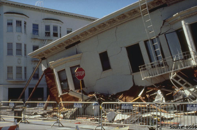 Liquefaction of a building in the San Francisco Marina District
